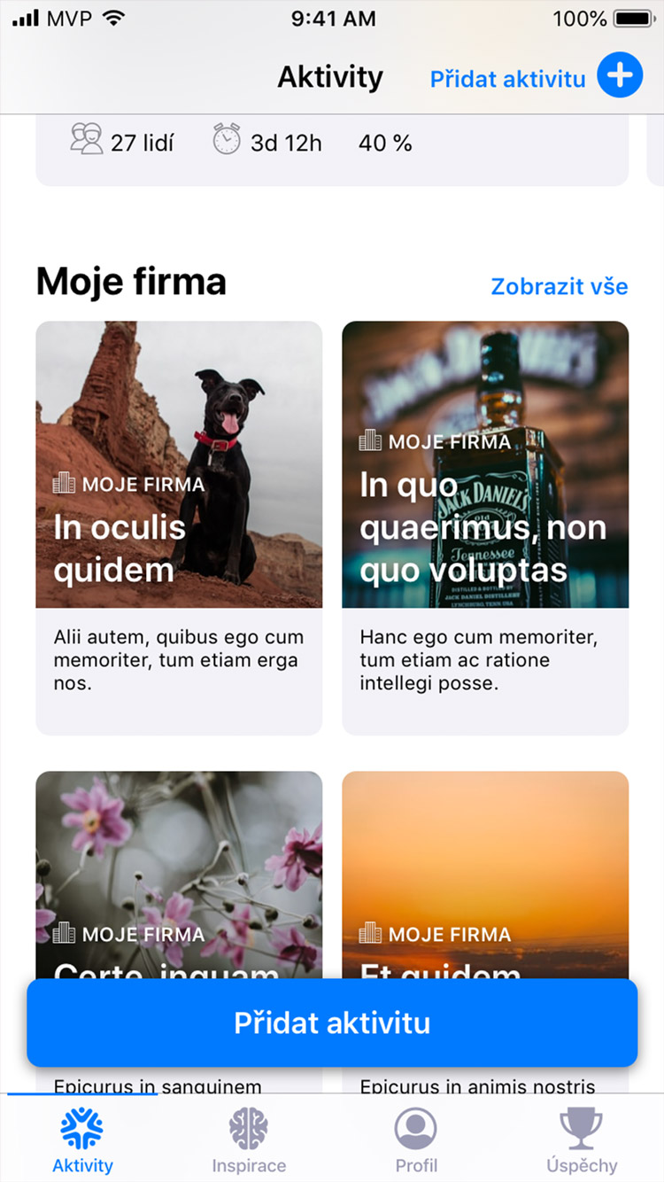 Firma jako tým app výpis aktivit