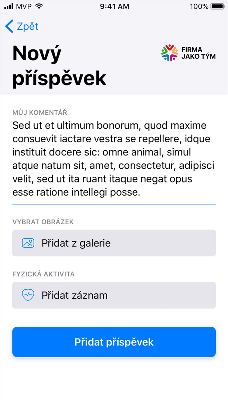 Firma jako tým app nový příspěvek