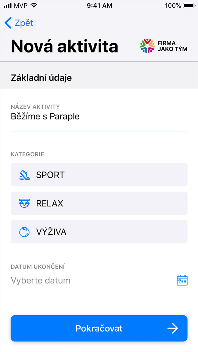 Firma jako tým app nová aktivita